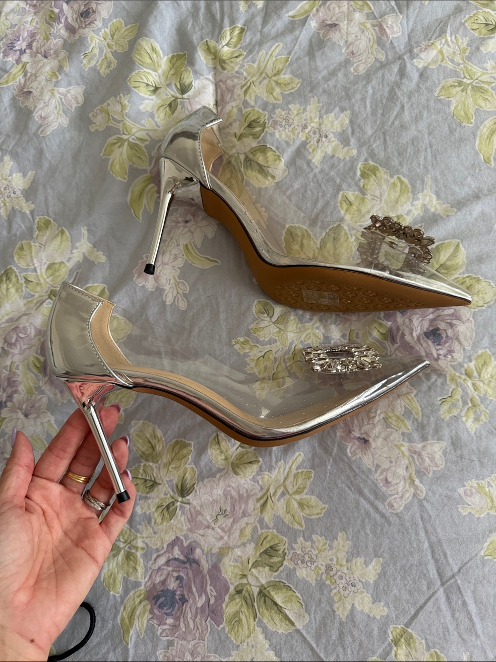 Silver Pointed Toe Embellished Women’s Flats - Picture 2 of 3